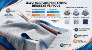 A detailed photorealistic comparison graphic of technical sports print fabric, illustrating birdseye and pique knit structures, air permeability and wicking charts, and the sublimation printing process for custom activewear design.