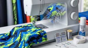 A close-up photograph of a modern sewing machine processing technical sports fabric material, highlighting specialized needles, flexible thread, and stabilizers needed for elastic activewear.