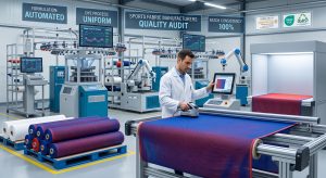 A detailed quality control station in a modern sports fabric manufacturing plant where a skilled technician checks activewear fabric color using a spectrophotometer, with automated circular knitting machines and high-purity yarn visible in the background, fulfilling a sports fabric manufacturers audit for color consistency.