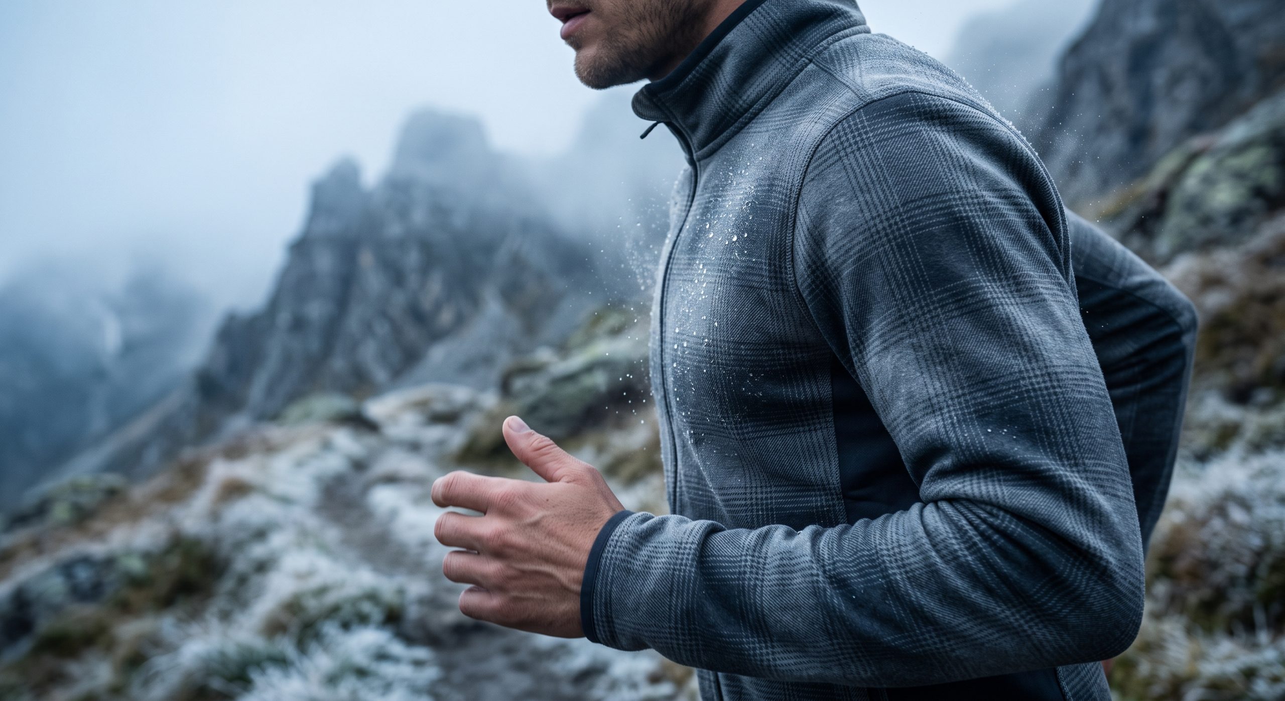 Photorealistic close-up of an athlete trail running in a cold, misty mountain landscape, wearing a performance sports flannel fabric activewear jacket, highlighting its durable and napped texture.
