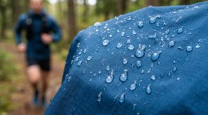 Close-up of deep blue sports nylon fabric showing water droplets beading and shedding off its durable water-repellent (DWR) surface.
