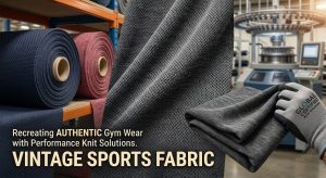 A composite marketing image showcasing rolls of navy pique and heather red fleece textile on warehouse racks, a central close-up of charcoal grey textured circular knit fabric, and a hand in a 'Global Certified Knit Solutions' glove manipulating a swatch in a mill. The image features text overlays: 'Recreating AUTHENTIC Gym Wear with Performance Knit Solutions.' and 'VINTAGE SPORTS FABRIC'.