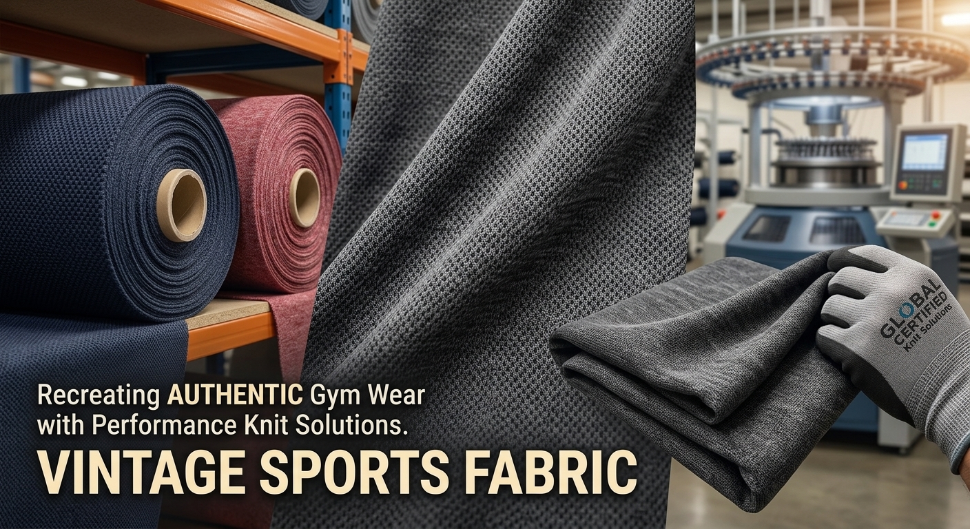 A composite marketing image showcasing rolls of navy pique and heather red fleece textile on warehouse racks, a central close-up of charcoal grey textured circular knit fabric, and a hand in a 'Global Certified Knit Solutions' glove manipulating a swatch in a mill. The image features text overlays: 'Recreating AUTHENTIC Gym Wear with Performance Knit Solutions.' and 'VINTAGE SPORTS FABRIC'.