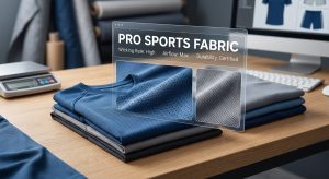 A professional photograph of neatly folded athletic jerseys made from technical pro sports fabric, with a detailed close-up view highlighting the breathable birdseye mesh knit structure.