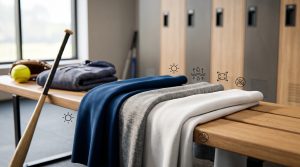 A close-up photograph of dynamic softball fleece fabric samples in a modern athletic facility, featuring technical icons and softball equipment.