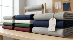 A realistic, minimalistic photograph of premium all sports cotton fabric rolls stacked neatly next to technical synthetic warp-knits on a solid workbench in a bright textile studio, displaying rich natural and technical textures under soft daylight.