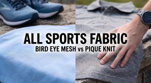 A side-by-side comparison image of bird eye mesh and pique knit, two types of all sports fabric, showing their different textures for activewear.