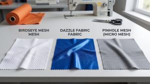 Side-by-side photorealistic comparison of white Birdseye Mesh, royal blue Dazzle Fabric, and grey Pinhole Micro Mesh basketball fabric swatches on a textile sourcing table.