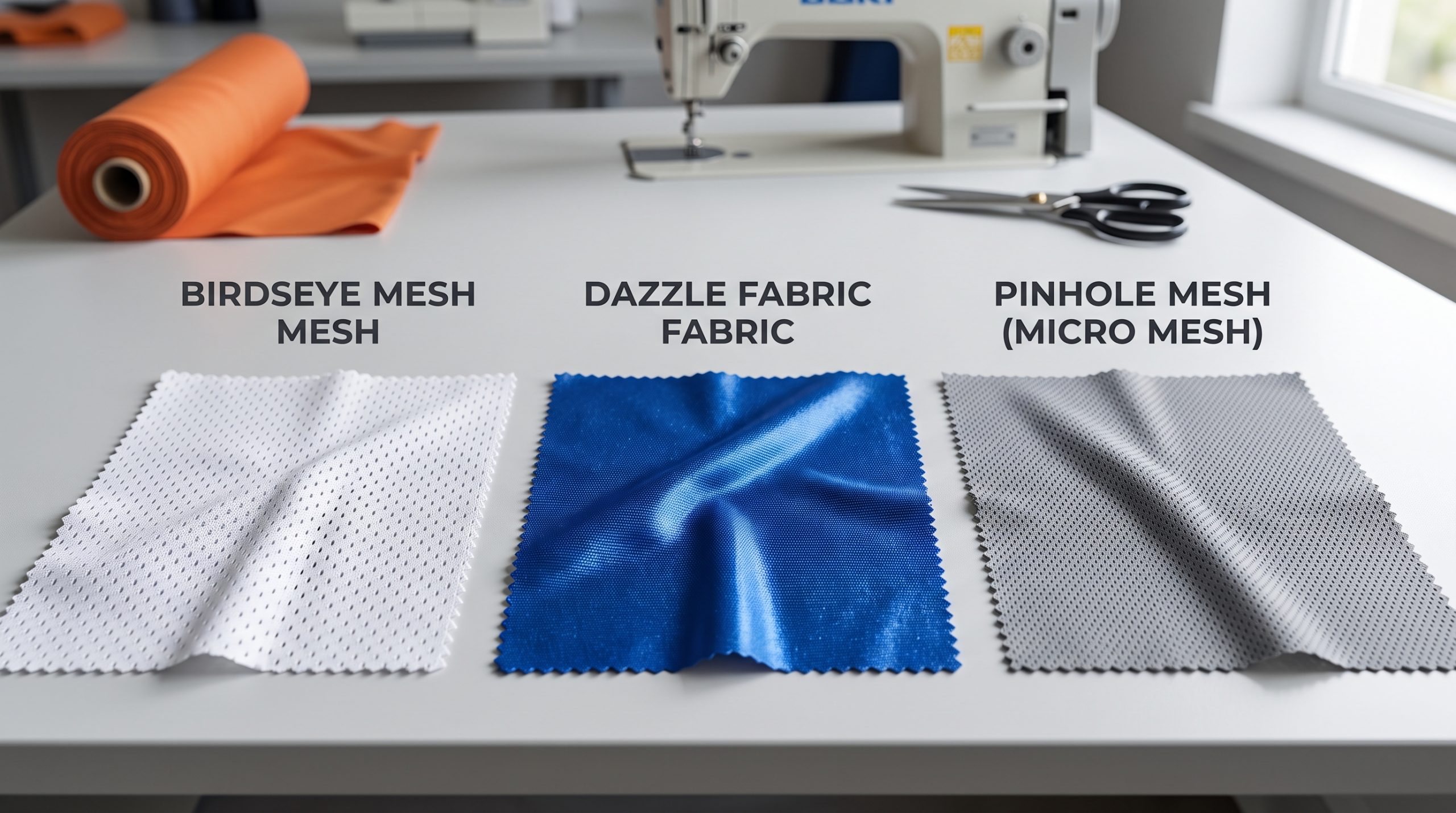 Side-by-side photorealistic comparison of white Birdseye Mesh, royal blue Dazzle Fabric, and grey Pinhole Micro Mesh basketball fabric swatches on a textile sourcing table.