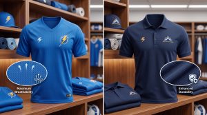 A side-by-side comparison of two types of sports team cotton fabric: breathable Birdseye mesh jersey and structured Pique weave polo, showing knit textures.