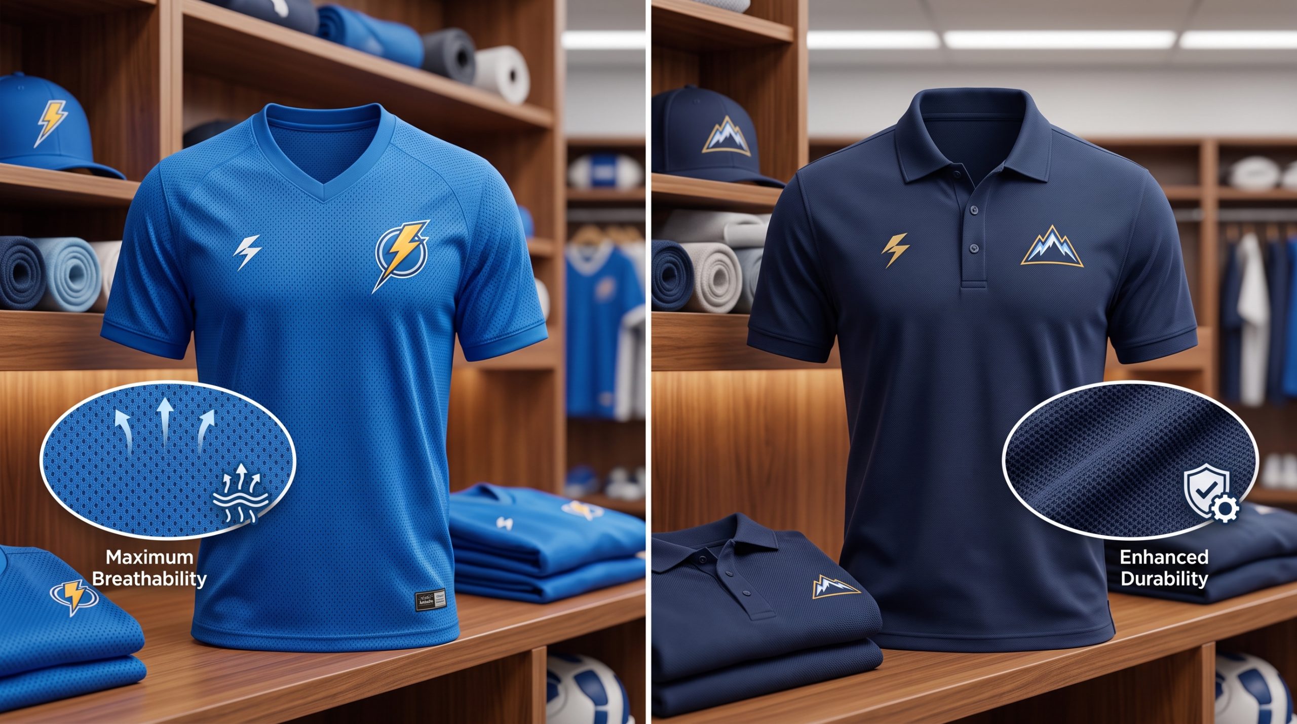 A side-by-side comparison of two types of sports team cotton fabric: breathable Birdseye mesh jersey and structured Pique weave polo, showing knit textures.