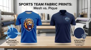 A photorealistic close-up photograph comparing custom sports team fabric prints on breathable Birdseye mesh jersey fabric and structured Pique knit polo fabric, displaying vibrant logos and distinct knit textures.
