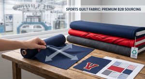 A dynamic action photograph of premium sports quilt fabric sourcing in a B2B textile design studio. On a rustic wooden workbench, a male designer's hand pulls a swatch of navy blue technical mesh fabric, demonstrating its elastic stretch and recovery with conceptual data overlays. Bolts of red and blue technical athletic textiles are stacked nearby. A completed fabric swatch with an embroidered university Varsity logo 'M' (for Marathon) rests on a notebook. Concept sketches and a small textile calculator are on the table. A window shows circular knitting machines in a blurred, clean Fuzhou factory in the background. A small GRS (Global Recycled Standard) badge tag is attached to one of the fabric rolls. Subtle integrated trade textcallout reads: "SPORTS QUILT FABRIC: PREMIUM B2B SOURCING."