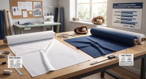 Comparison of bird-eye mesh and pique baseball fabric by the yard on an athletic apparel workshop table for custom high school uniforms.