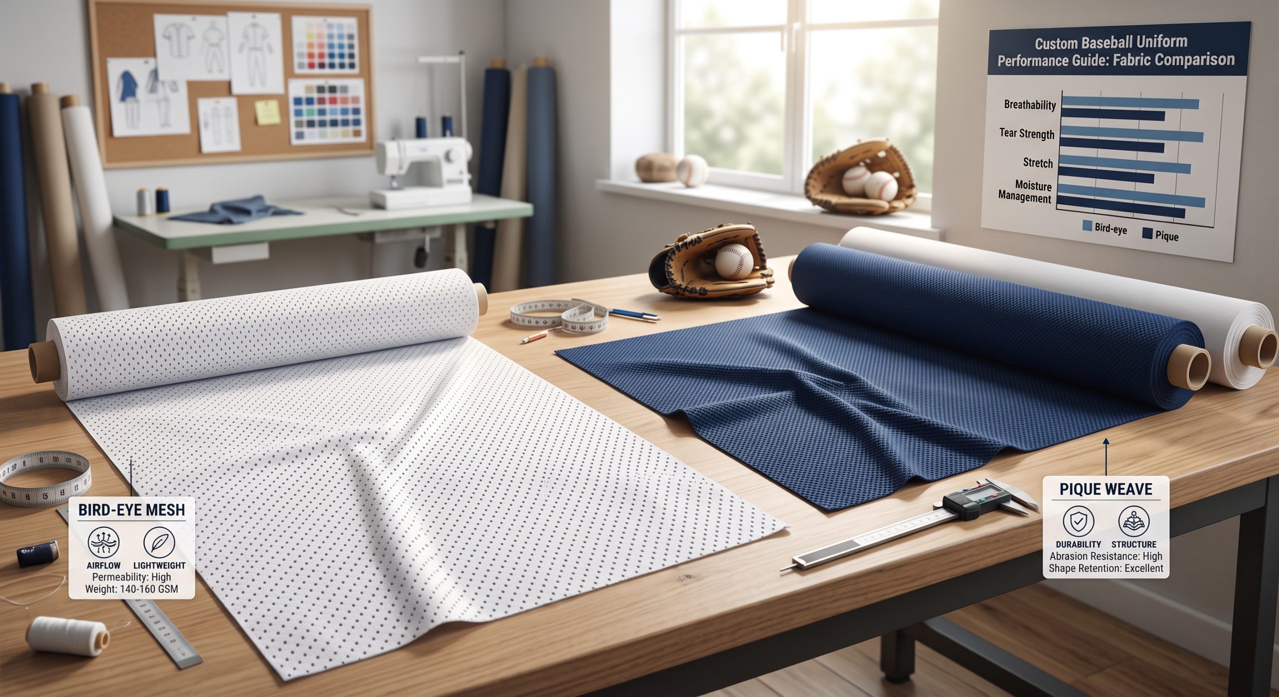 Comparison of bird-eye mesh and pique baseball fabric by the yard on an athletic apparel workshop table for custom high school uniforms.