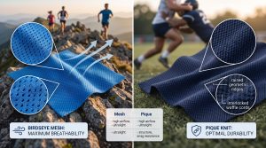 A detailed B2B comparison of two dynamic swatches of engineered extreme sports fabric: blue Birdseye mesh showing micro-perforations for breathability and deep navy Pique weave displaying a durable waffle grid, set against trail running and contact sport environments.