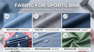A detailed grid showcasing different types of high-performance fabric for sports bra garments, including mesh, pique, and compression knits, with performance icons and descriptions.