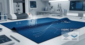 A professional photorealistic macro featured photograph showing a deep blue high-performance technical sports fabric (birdseye knit) with minimalist digital overlays and icons pointing to key features. Text on the fabric surface indicates 'GEOMETRIC MICRO-RECESSES' and 'MAX VAPOR ESCAPE'. The background shows modern minimalist lab equipment but no people are in focus.