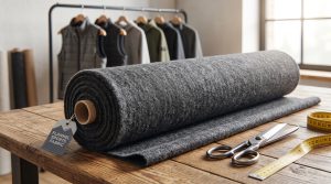 A bolt of grey technical flannel sports fabric showing its soft, brushed texture on a wooden design table in a garment studio.