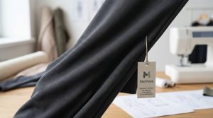 Close-up sample of high-performance dark gray fleece sports fabric with Makitape logo and specifications tag in a design studio.