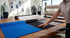 A photograph in a technical activewear design studio showcasing diverse activewear fabrics like bird-eye mesh and piqué knit, with performance icons indicating breathability, durability, and four-way stretch.