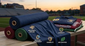 A photorealistic exhibit of high-performance, circular-knit cotton sports fabric rolls with unfurled textile showing soft texture, and custom varsity activewear with school team logos, against a background of a university athletic stadium, illustrating performance icons like wicking, breathability, and GRS certification.