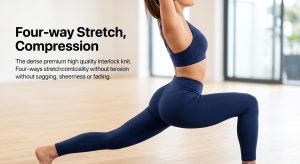 Premium navy blue spandex sports fabric leggings showing four-way stretch during a yoga pose in a gym.