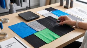 A curated collection of various high-performance sports t-shirt fabrics, including micro-mesh, performance synthetic, and poly-cotton blend swatches, arranged for comparison on a designer's work surface with a digital GSM scale and a human hand, set in an activewear design context.