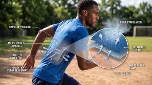 An athletic man runs, showing visible sweat on his skin. A technical macro-cutaway overlay on his blue jersey illustrates the multi-layer fabric structure: arrows pull humidity vapor from a 'SWEAT SOURCE' label on skin through a 'HYDROPHOBIC LAYER', pushing it out to an external 'BREATHABLE SURFACE' where a wider arrow cloud indicates 'RAPID EVAPORATION' and 'AIRFLOW VENTILATION'. This visual explanation details the process of moisture wicking and breathability in sports apparel.