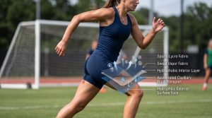 A photorealistic, candid shot of an athlete mid-stride during a running workout, wearing specialized compression shorts made of dark blue sports lycra fabric. A prominent technical diagram overlay visualizes the multi-layer fabric structure: arrows illustrate sweat vapor being pulled from a magnified skin pore through a "Hydrophobic Interior Layer" and rapidly pushed out through microscopic microscopic pores on the "Hydrophilic Exterior Surface Face", demonstrating accelerated capillary fluid transport and dynamic airflow, preventing humidity pooling. This dynamic explanation details the fabric's performance wicking technology.