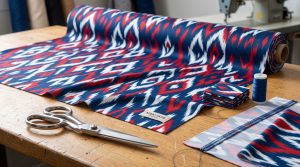 A close-up photograph of vibrant blue and red Ikat patterned sports team fabric, suitable for sewing activewear projects like jerseys and hoodies, laid flat on a cutting table with tailoring shears and thread.