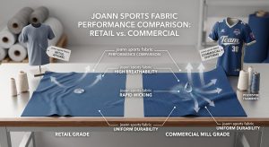 A professional B2B comparison image, showing two swatches of athletic textiles labeled as retail grade and commercial mill grade joann sports fabric, with visualizations of breathability and rapid moisture wicking.
