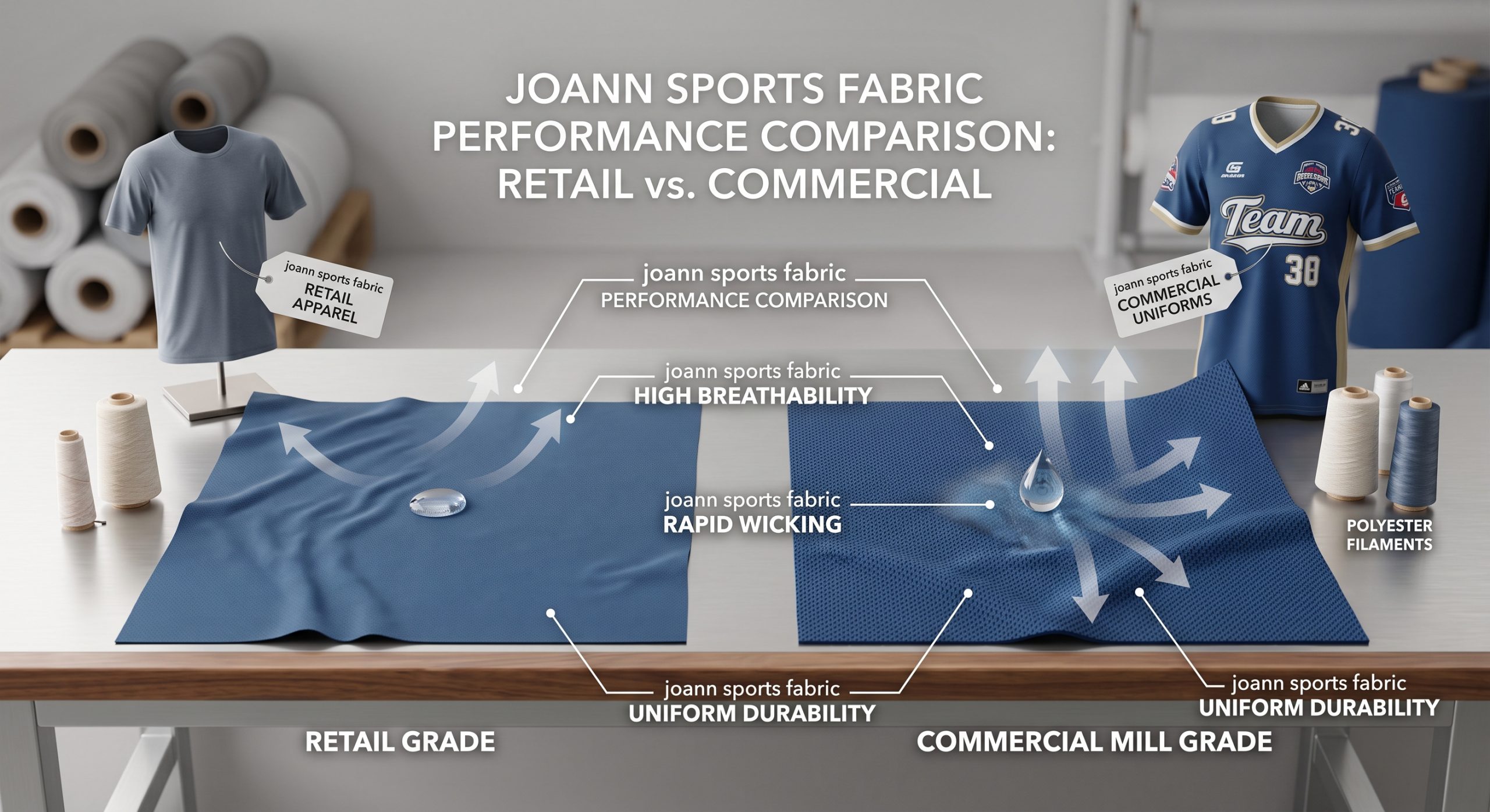 A professional B2B comparison image, showing two swatches of athletic textiles labeled as retail grade and commercial mill grade joann sports fabric, with visualizations of breathability and rapid moisture wicking.