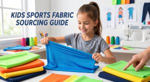 A photorealistic photograph in a bright textile design studio, featuring colorful swatches of technical kids sports fabric such as bird eye mesh and pique knit, alongside children's activewear design sketches and a sewing machine, illustrating a sourcing guide.