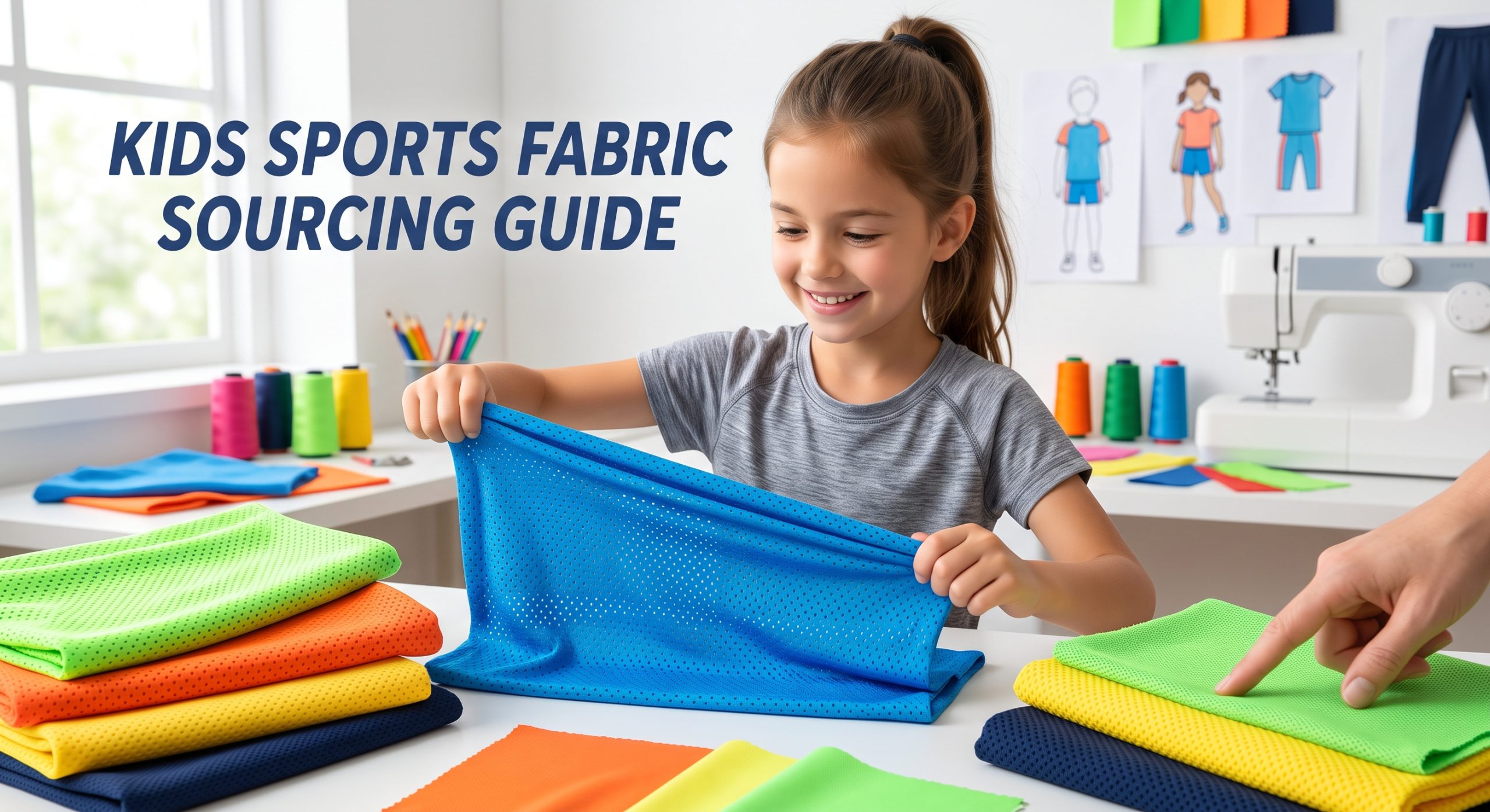 A photorealistic photograph in a bright textile design studio, featuring colorful swatches of technical kids sports fabric such as bird eye mesh and pique knit, alongside children's activewear design sketches and a sewing machine, illustrating a sourcing guide.