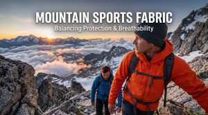A panoramic photograph on a rugged alpine ridge at sunrise, showing mountaineers wearing technical jackets made from mountain sports fabric that sheds water droplets, illustrating the balance of waterproof protection and breathability discussed in the article.