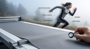 A technical close-up of dynamic moisture-wicking and durable grey polyester sports fabric being evaluated on an industrial cutting table. Arrows and icons highlight performance features. In the blurred background, a female athlete made of the same fabric sprints forcefully on a scenic foggy track, illustrating optimized breathability and articulation. Minimal text, no logos.