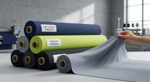 High-performance warp-knit sports bra fabric rolls being evaluated for stretch, support, and moisture wicking in a modern studio.