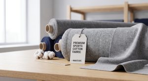 A minimalistic close-up photograph set in a clean textile studio, comparing premium all sports cotton fabric rolls stacked next to technical synthetic warp-knits on a solid workbench. Soft natural daylight illuminates rich natural textures and engineered fiber structures without science-fiction or idealized clichés.