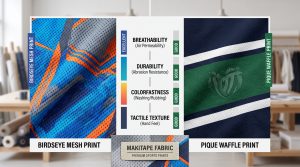A detailed photorealistic comparison of custom sports fabric prints on Birdseye mesh and Pique waffle technical knits, with custom geometric patterns and a data visualization chart.