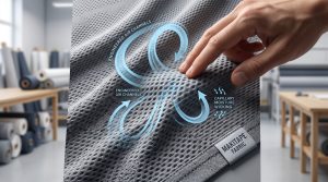 Macro photorealistic close-up of dynamic gray technical sports fabric with intricate textured knit patterns (pique/birdseye), showing a hand touching the surface to highlight airflow and moisture wicking channels. A dynamic blue graphic visualizes performance.