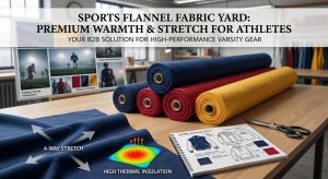 A professional B2B featured image displaying multiple rolls of premium, brushed synthetic sports flannel fabric yard in various collegiate colors, organized in a modern textile studio. The image highlights the soft, technical texture and includes a mood board with sketches of athletes training in cold weather. Text on an integrated banner reads: "SPORTS FLANNEL FABRIC YARD: PREMIUM WARMTH & STRETCH FOR ATHLETES."