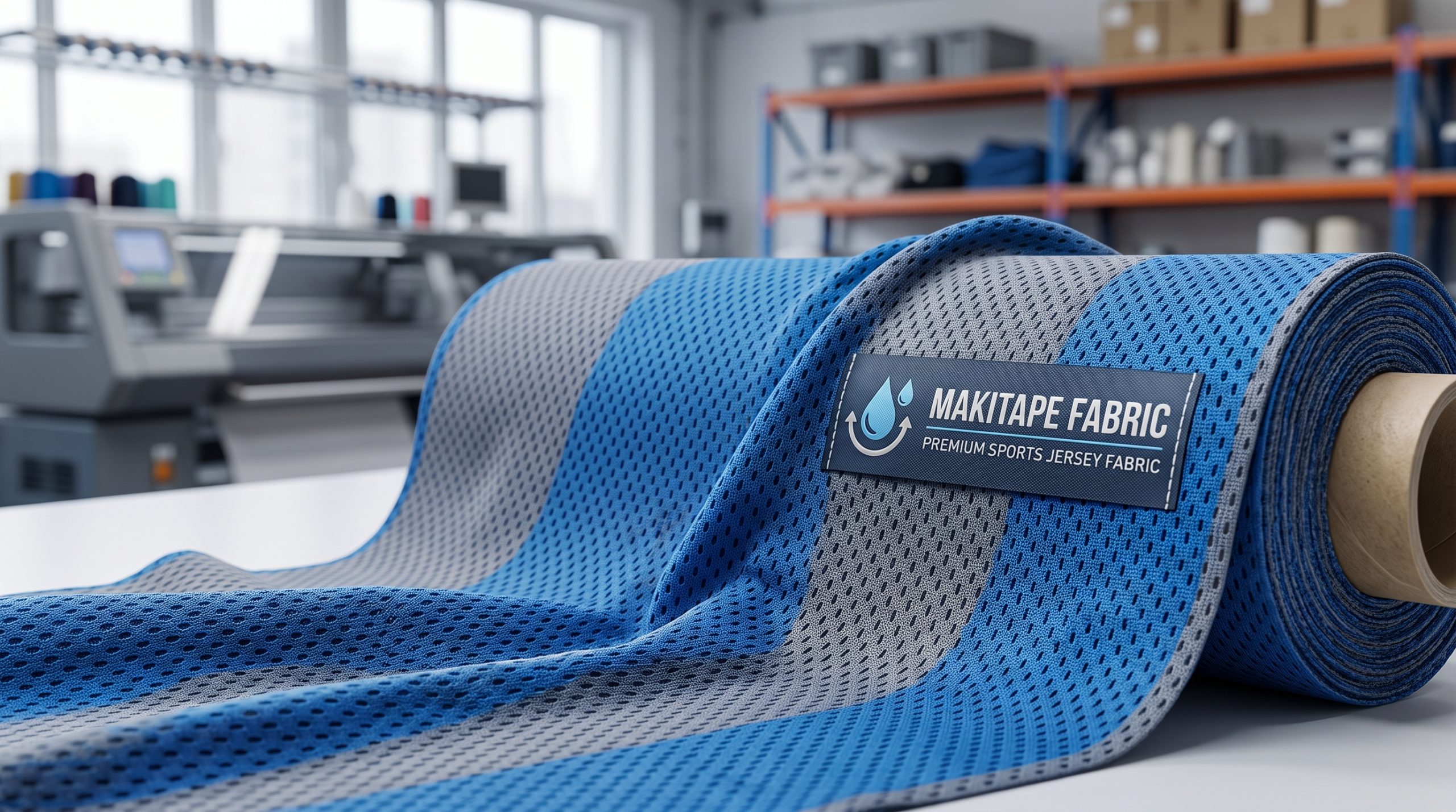A high-quality roll of textured sports jersey fabric in a studio setting, showing technical mesh patterns.