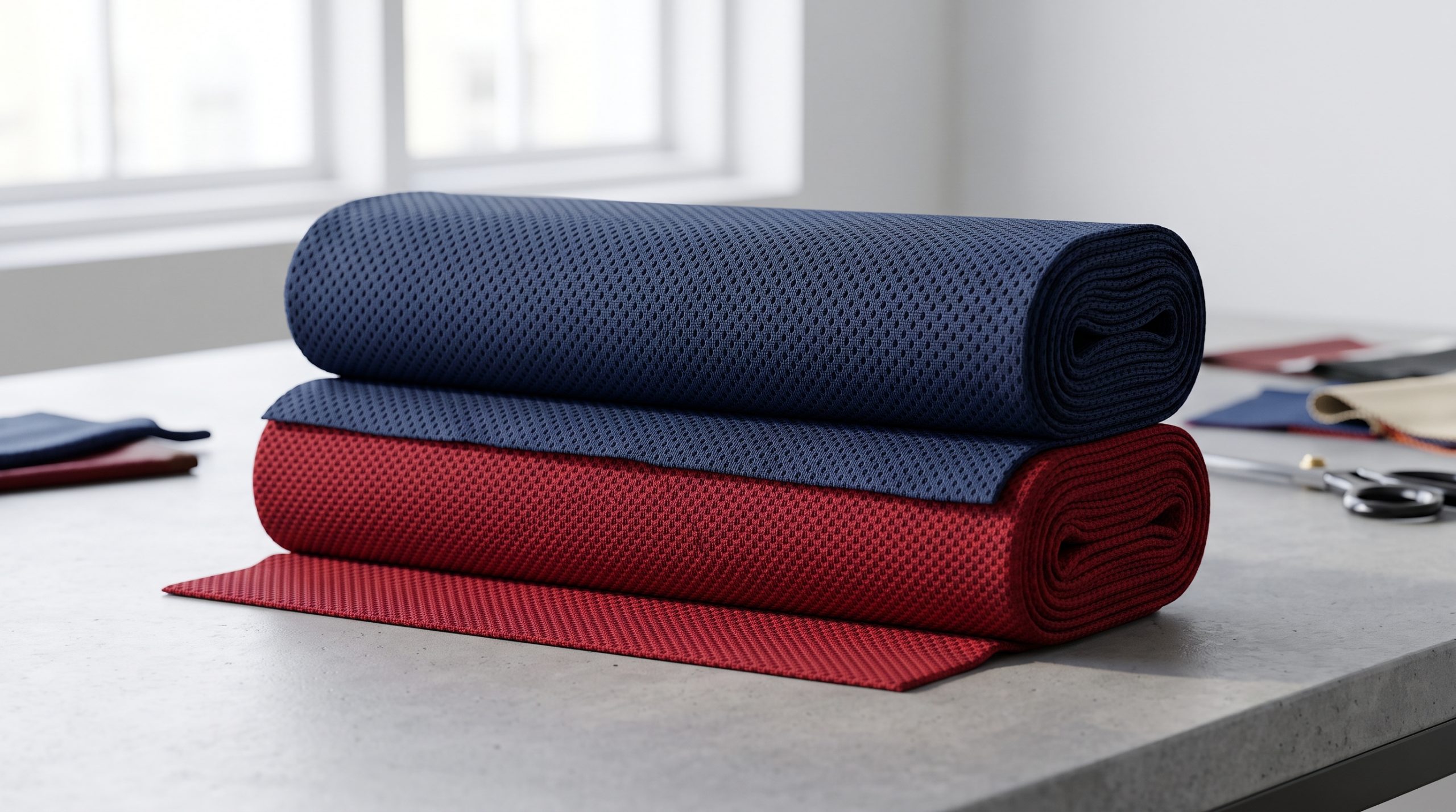 A minimalistic display of two premium sports team fabric rolls in navy blue and deep red, showing clear birdseye and pique knit textures in a professional studio setting.