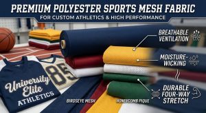 A photorealistic close-up of multiple rolls and stacks of premium polyester sports mesh fabric in vibrant collegiate colors. The image explicitly highlights different textures like Birdseye with small circular holes and Honeycomb Pique with a textured grid. It features classic cursive lettering that reads "UNIVERSITY ELITE ATHLETICS". Labeled callouts with elegant fonts and icons explain performance features: "BREATHABLE VENTILATION" for airflow, "MOISTURE-WICKING" for sweat management, and "DURABLE FOUR-WAY STRETCH" for resilience. The professional display background includes blurred sports equipment. A stylized title banner across the top reads: "PREMIUM POLYESTER SPORTS MESH FABRIC" and a subtitle: "FOR CUSTOM ATHLETICS & HIGH PERFORMANCE".