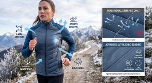 Comparison of traditional stitched quilted fabric and seamless ultrasonic sports quilting fabric, showing wind resistance and stretch for activewear jackets.