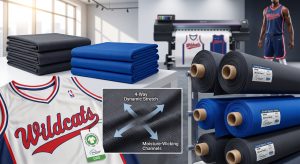 A photorealistic composite image featuring close-ups of dynamic script sports team fabrics and partial Wildcats team uniforms, with fabric rolls labeled for bulk sourcing and GRS certification, in a modern textile showroom.