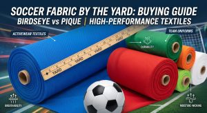 Visual guide comparing soccer fabric by the yard, specifically birdseye and pique mesh, for team uniforms.