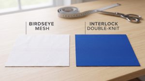 Side-by-side comparison of white Birdseye Mesh soccer fabric showing pinhole texture and smooth royal blue Interlock double-knit soccer fabric on a sourcing table.