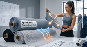 Featured image showing technical sports fabric polyester spandex rolls, including mesh and structured knits, with performance graphics illustrating stretch and wicking capabilities for activewear manufacturing.